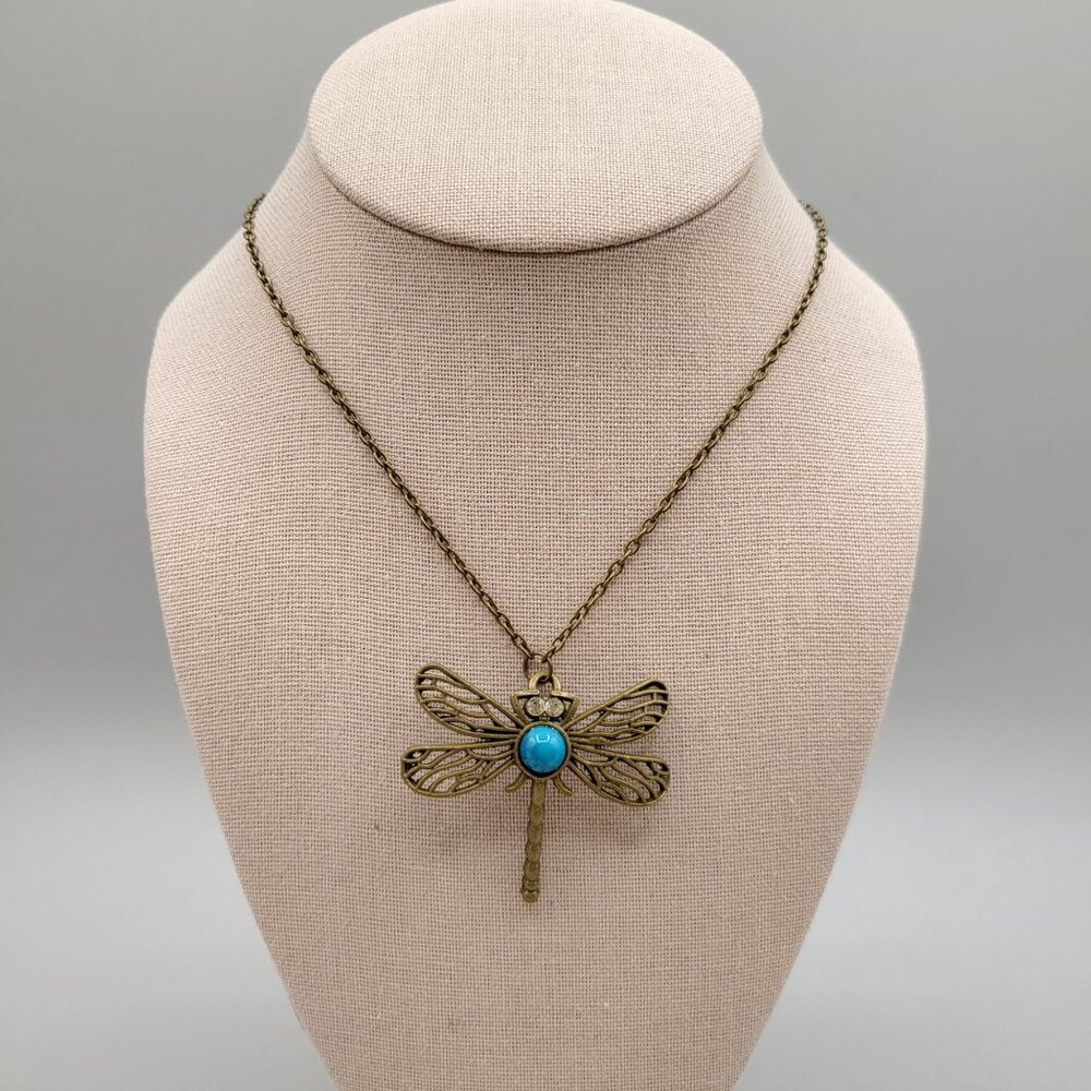 Dragonfly Pendant Necklace Blue Stone Rhinestone Eyes Bronze Chain 26 Inch